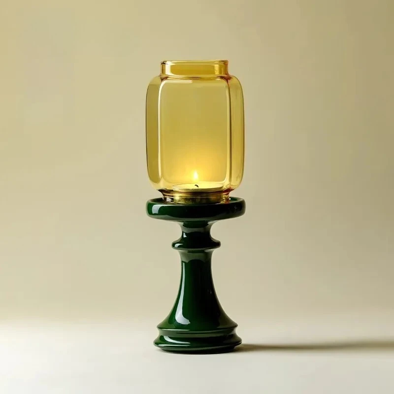 Chinese Vintage Ceramic Candlestick With Amber Square Glass Shade Windproof Tealight Candle Holder Table Home Decor Ornament