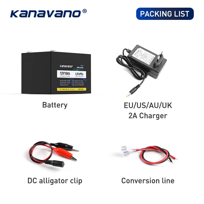 Batteria ricaricabile Kanavano Lifepo4 12V 18Ah per sistemi di accumulo di energia solare Batteria a ciclo profondo con caricatore 2A EU/US