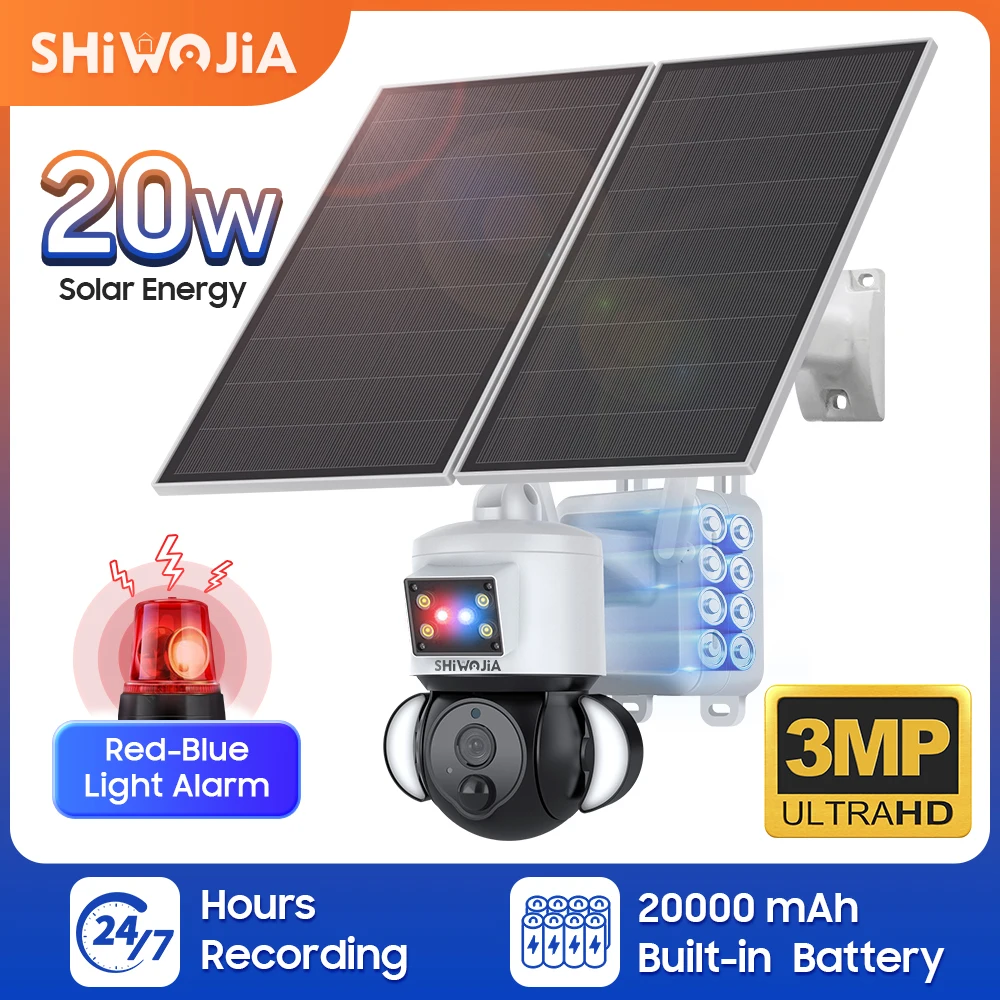 SHIWOJIA 4G Solar Camera Outdoor Security IP Camara 20W Solar Panel Built in 20000mA Battery Red-Blue Light Alarm Human Detected