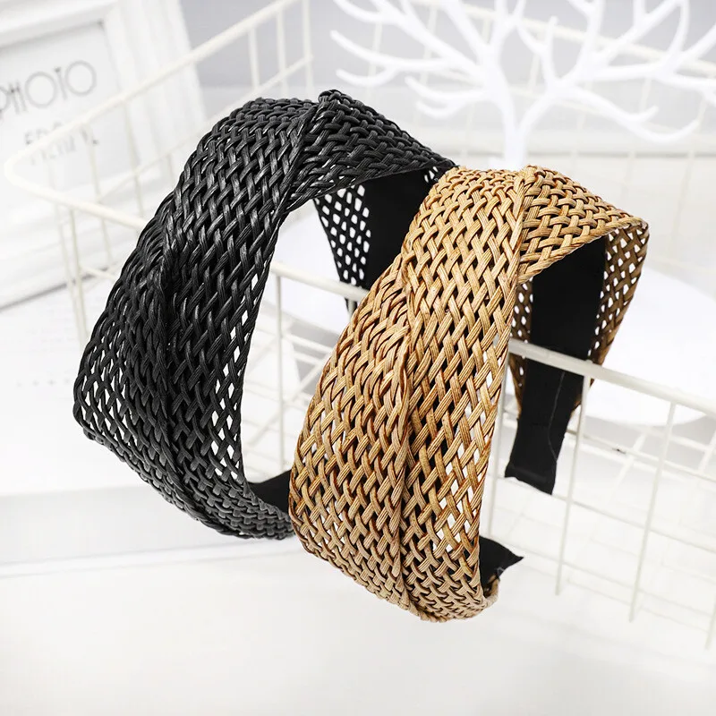 

Straw Headband Beach Style Wide-Brimmed Nonslip Knotted Headwear Hair Ornament Hand-woven Hair Hoop Travel Holiday Headdress