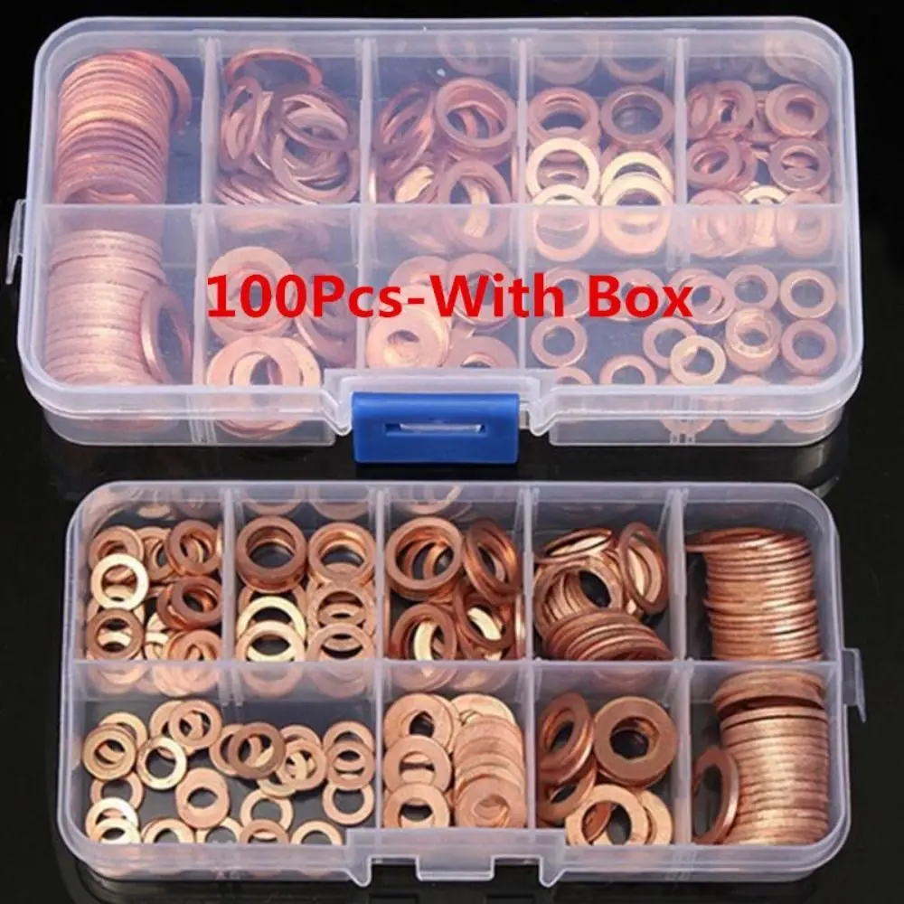100Pcs Flat Ring Copper Washer Gasket Plastic Box Easy Install Flat Ring Seal Leak Prevention Sump Plug Washer Water Fittings
