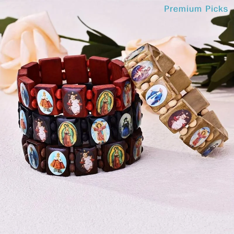 Bracelet chapelet en bois - Élégants autocollants d'icônes religieuses, finition émaillée, bijou de prière spirituel perlé pour la dévotion.