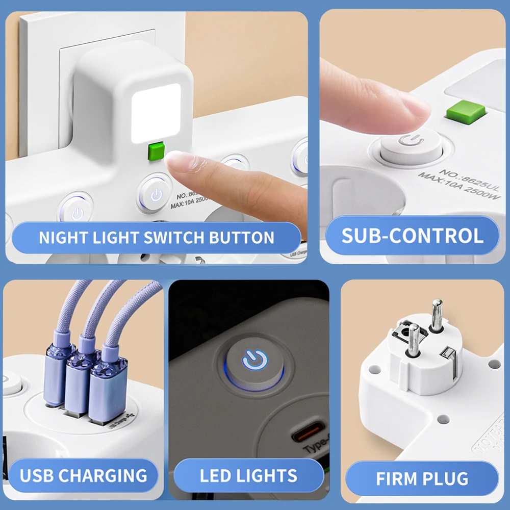 Stopkontak Colokan EU BARU 4 Soket Stopkontak Listrik Tanpa Kabel Ekstensi Dengan Port USB Tipe-C Dua spesifikasi