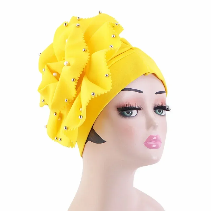 Big Flower Turban Bonnet for Indian Women Muslim Hijab Headscarf Caps Wedding Party Headwear Turbante Mujer African Headtie Hat