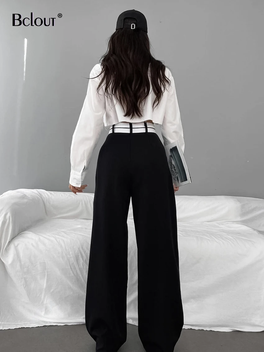 Bclout Fashion Patchwork Pants Women 2023 Streetwear Chic Loose Black Long Pants Elegant Buttons Office Lady Wide Leg Trousers