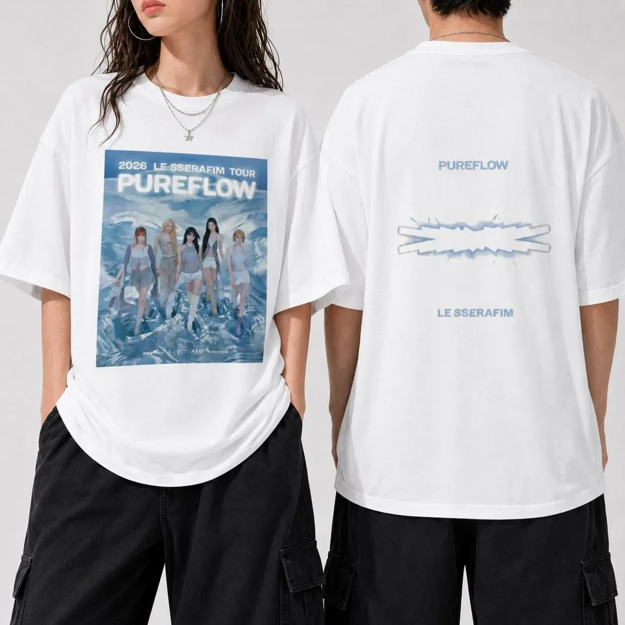 2026 LE SSERAFIM 2026 Pureflow World Tour Double Sided T-Shirt Kpop Concert Unisex Graphic Tee