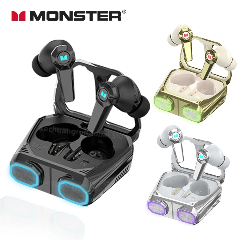 

Original Monster XKT32 Wireless Bluetooth 5.4 Earphones TWS Gaming Earbuds LED RGB Flip Cover Design Hifi Headset Long standby