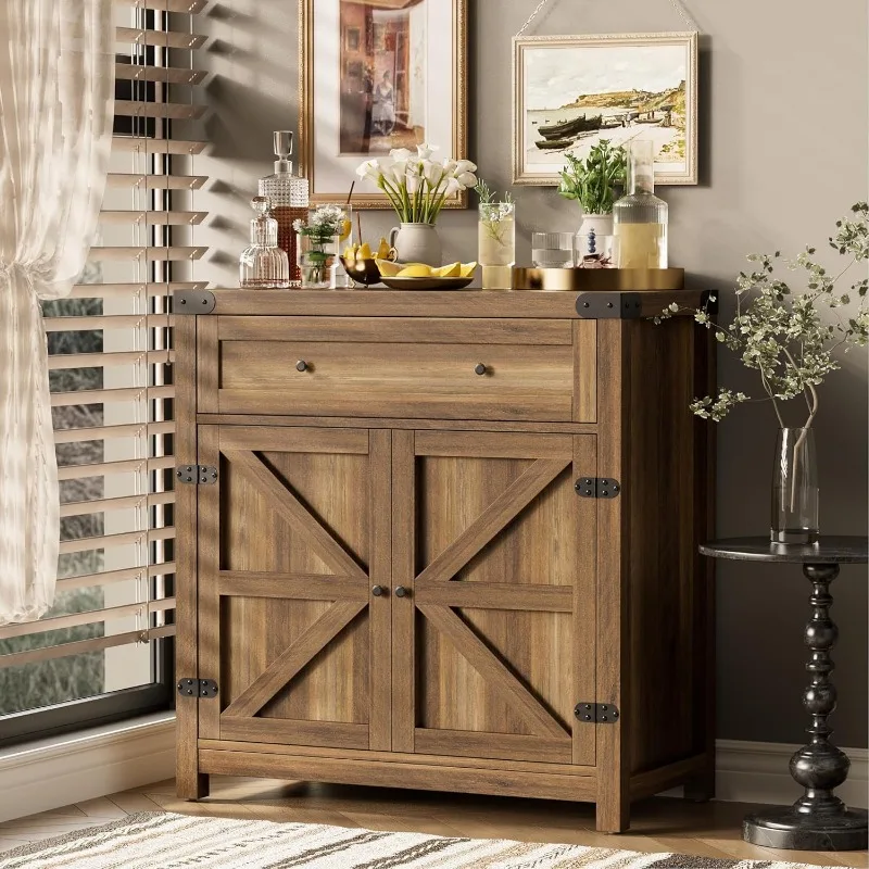 Coffee Bar Cabinet Farmhouse Kitchen Sideboard Buffet Cabinet with Drawer and Adjustable Shelf Barn Door Storage Cabinet