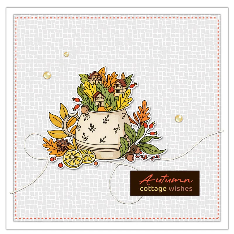 Cozy Autumn Cottage Windmill Coffee Cup Pumpkin Maple Leaf Clear Stamp Metal Cutting Dies Set Stencil DIY Scrapbooking Card Mold