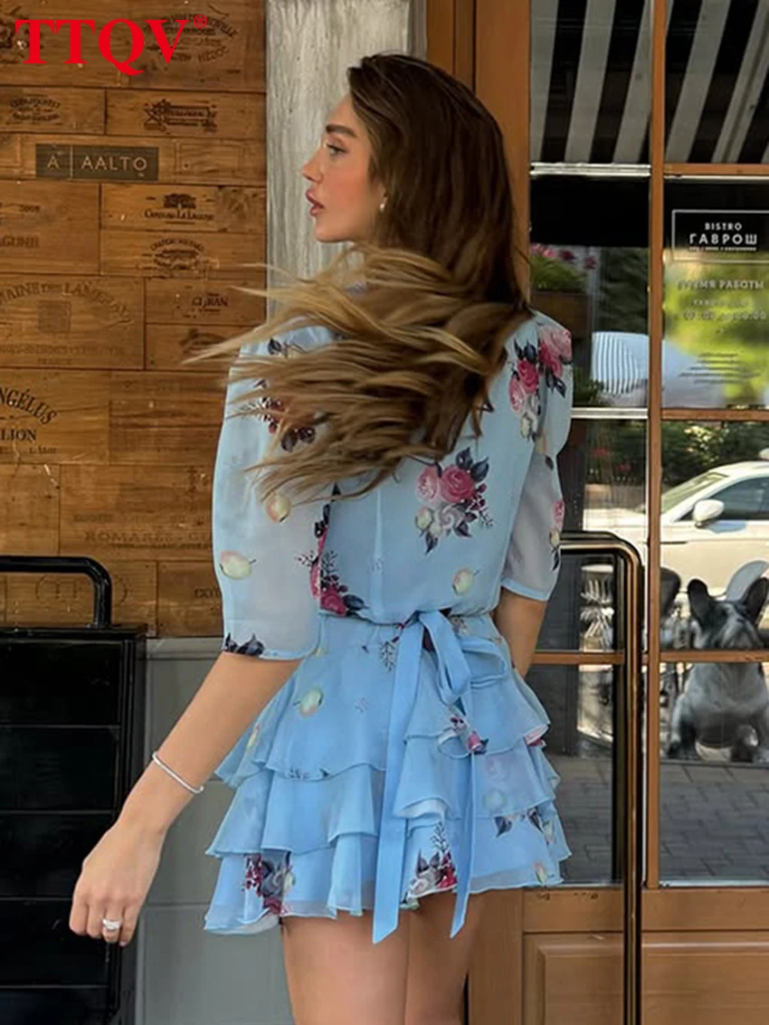 TTQV Fashion Loose Print Women's Dress 2026 Summer V-Neck Short Sleeve Mini Dresses Lady Elegant Classic Pleated Dress Female - Image 3