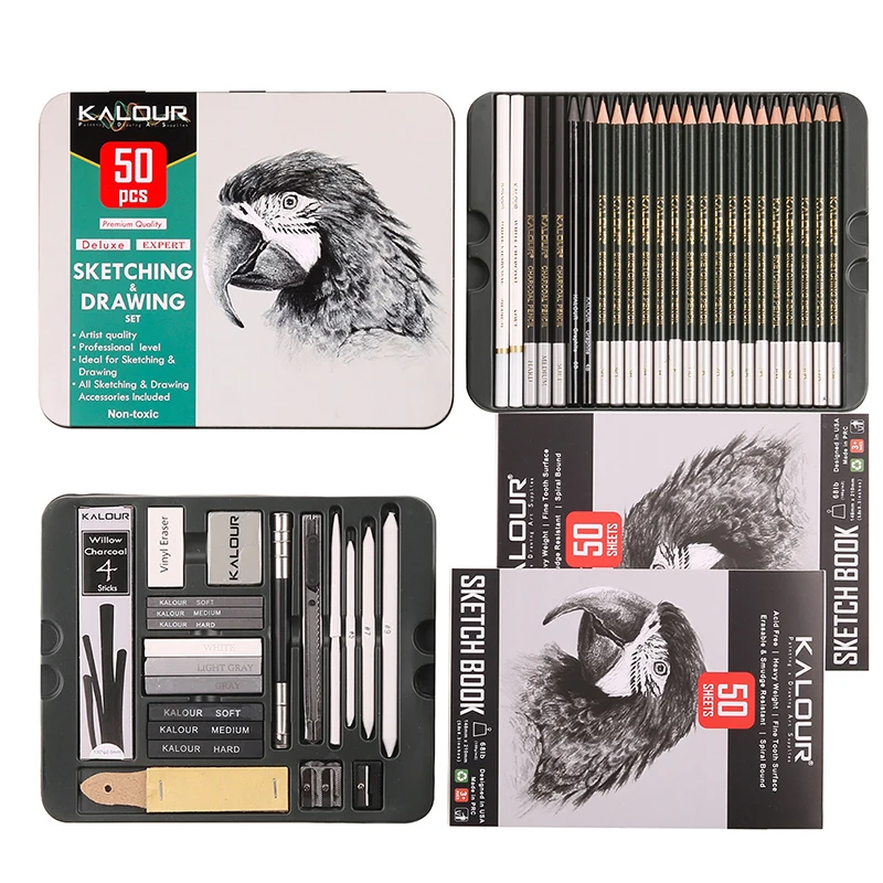 Kalour Sketch Supplies with Sketchbook Charcoal Graphite Pencil 52pcs Tin Box Drawing Kit 50pcs Canvas Bag Art Set arte y dibujo