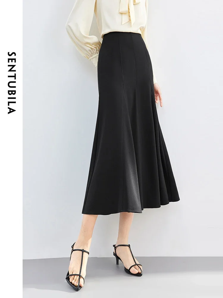 

SENTUBILA Elegant Black Midi Skirts 2025 Spring Women High Waist A-line Umbrella Solid Trumpet Skirt Female Clothing 141Q53099