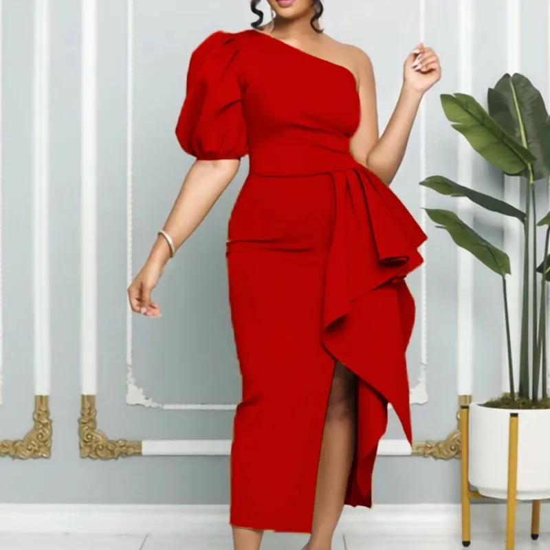 One Shoulder Bodycon Sexy Evening Dress For Women Elegant Short Puff Sleeve Side High Split Folds Long Dresses 2022 Summer New