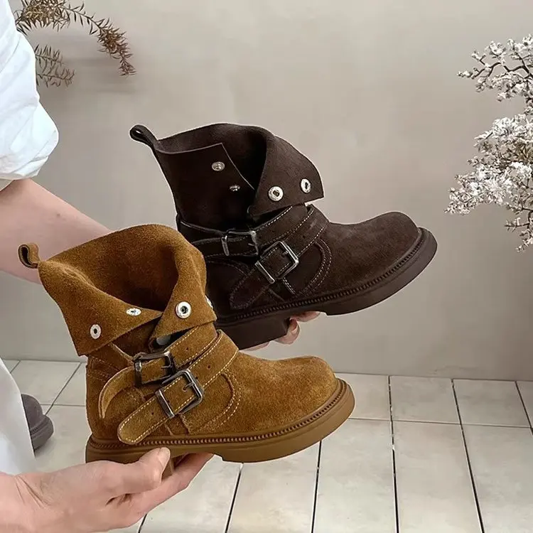 Girls Belt Buckle Design Motorcycle Boots 2025 Spring and Autumn New British Style Thick Heel Lightweight Midsole Boots.