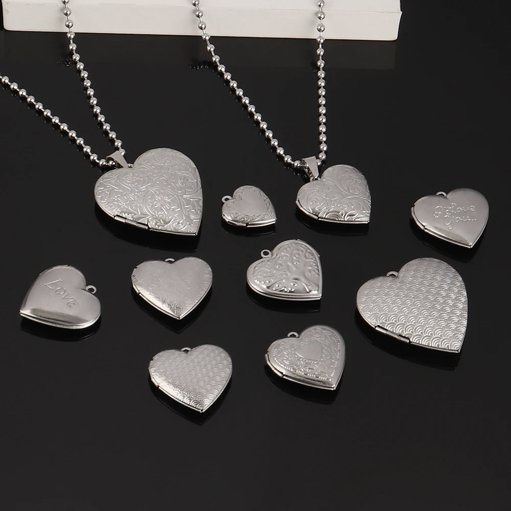 3pcs/Lot Stainless Steel Heart Box Vintage Reliquary Pendant Photo Locket DIY Necklace Handicraft Charm Jewelry Making Supplies