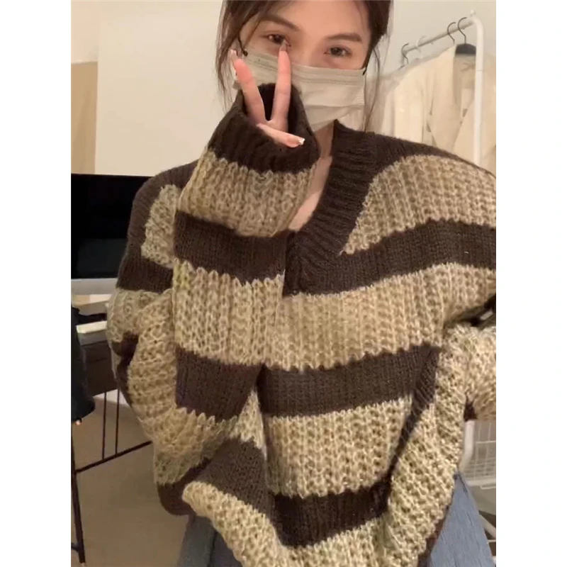 Brown Stripes Sweater Winter Women\'s Clothing Baggy Thick Warm Vintage V Neck Soft and Waxy Knitting Pullover Tops Wool Sweater