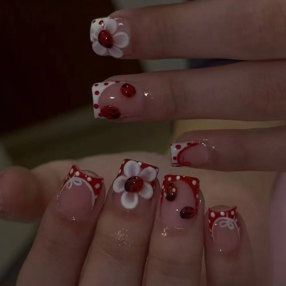 24 Pieces Per Set. Rectangular 3D Gel Flower Polka Dot Ladybug Red French Nail Art Stickers. Summer Nail Set.