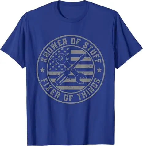 Knower of Stuff Fixer of Things Dad Funny Mechanic T-Shirt Y2k Mechanic Humor Saying Tee with American Flag Novelty Graphic Tops