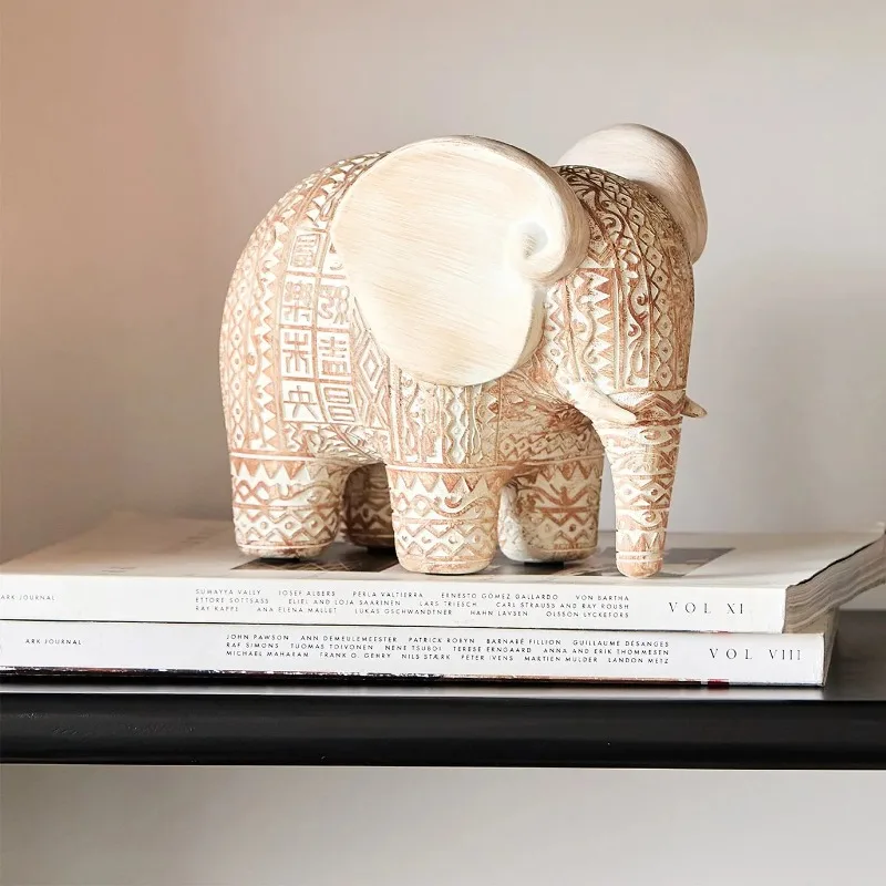 Elephant Figurine with Elaborate Embossment Feng Shui Ornament for Luck, New Chinese Ceramic Decor, Zen Entryway Table Accessory