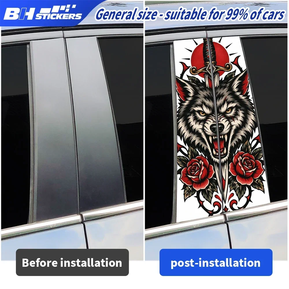 Wolf Sword Roses Art Car B Pillar Sticker 2Pcs Vinyl Window Middle Column Decal Universal Auto Exterior Decoration Accessories