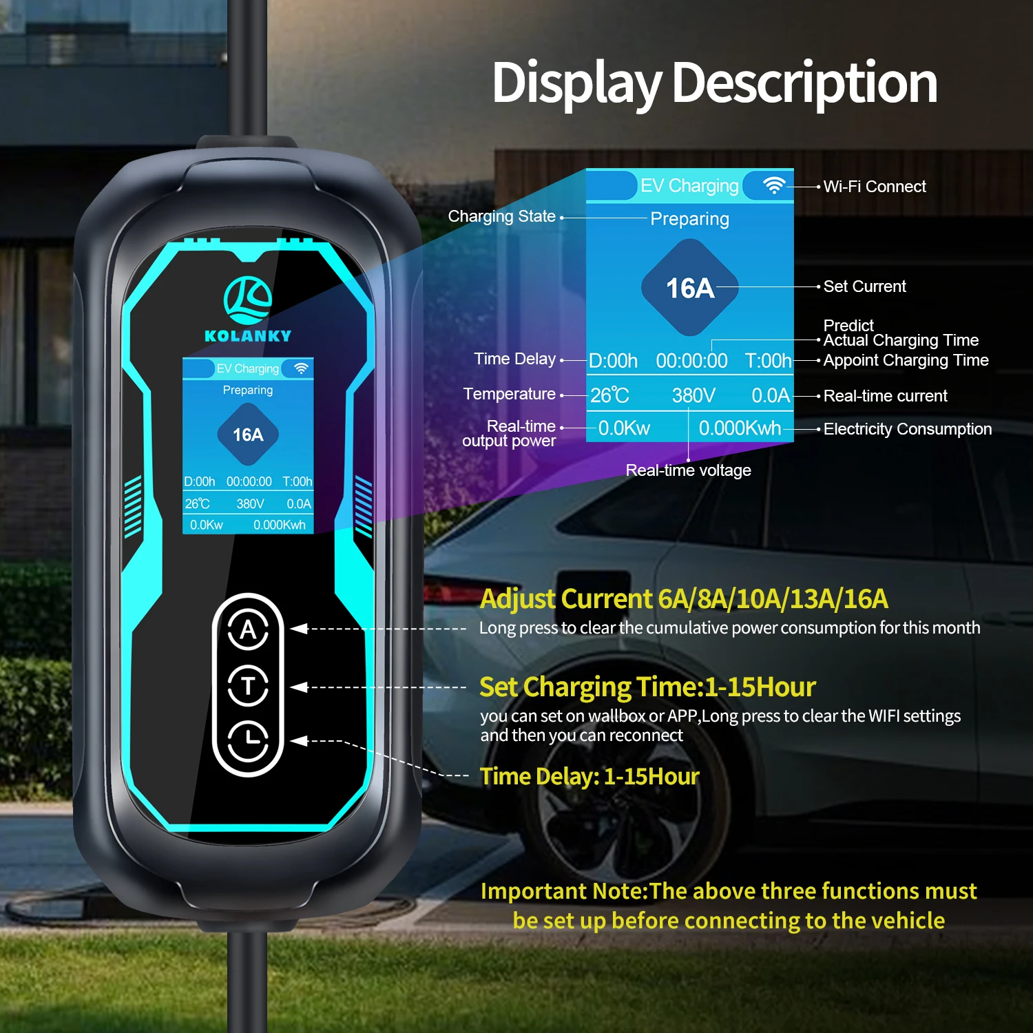 Kolanky Portable EV Charger Adjust 16A 11KW Timer 1-15 Hour Via Tuya App Wifi Control Scheduled Charging Time Electric Vehicle