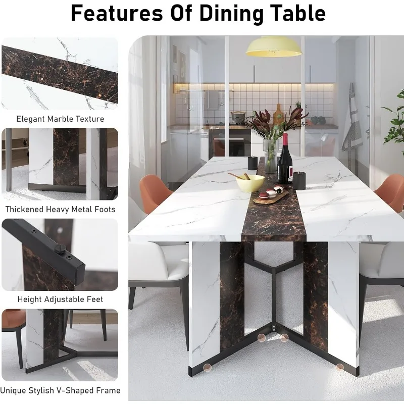 Grande mesa de jantar retangular branca, cor de mármore, madeira, à prova de água, 6 pés, luxuosa mesa de jantar familiar para casa, cozinha