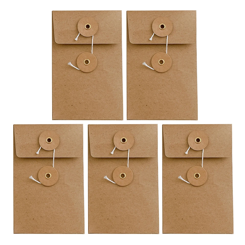 

5Pcs Kraft Paper Envelopes 70x110mm String Closure Writable Surface Office Storage BagVintage DIY Bulk Pocket Envelopes