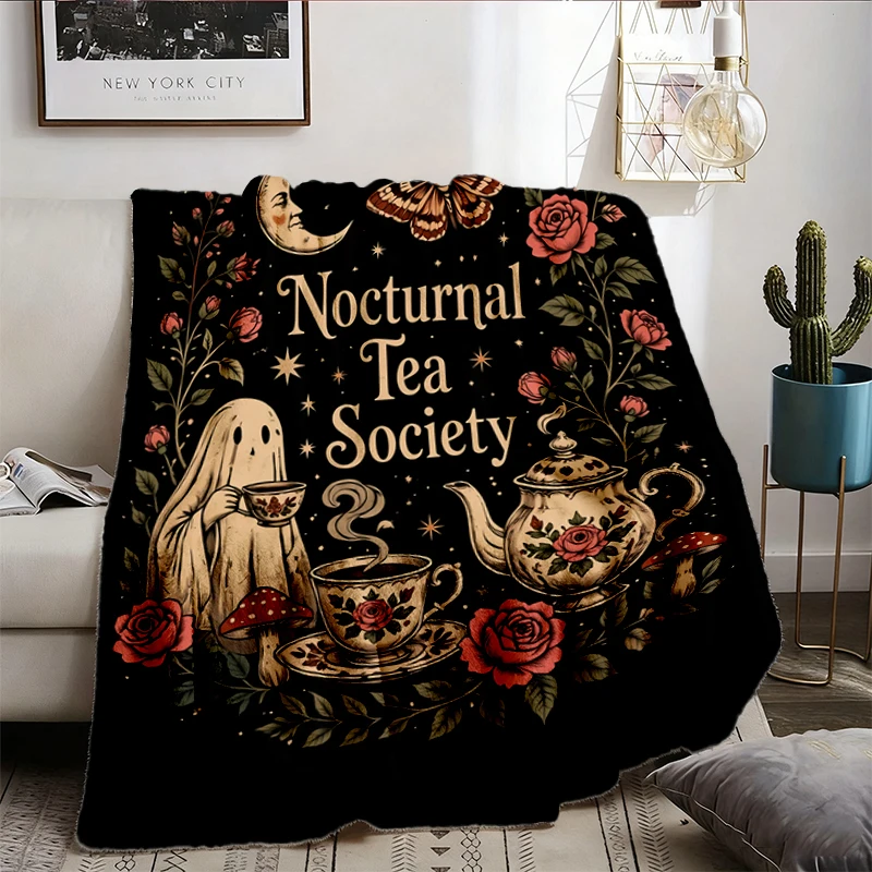 Nocturnal Tea Society Flannel Blanket, Comfort Halloween Flannel Throw, Witchy Tea Ghost Cozy Blanket, Cozy Spooky Cotta