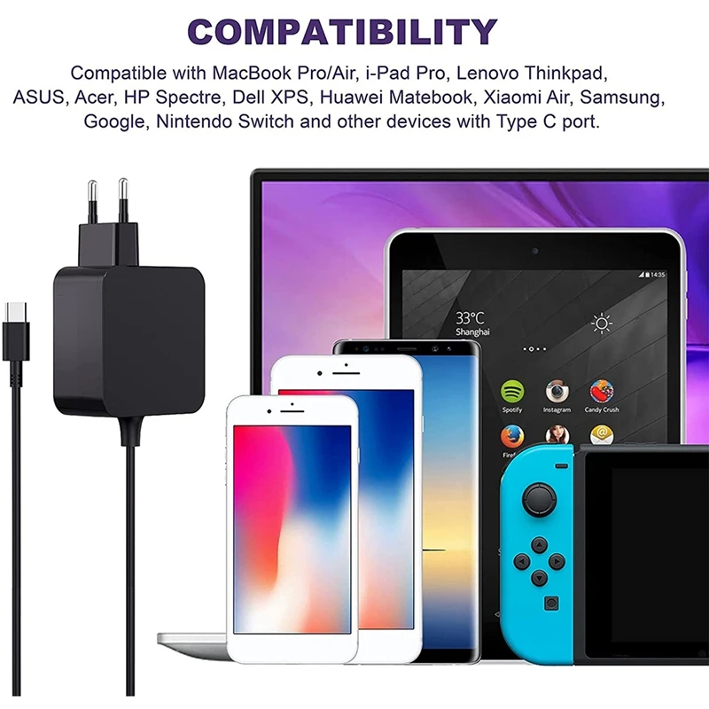 레노버, 맥북 프로, 에어용, 노트북 C타입 PD 전원 공급 장치, EU 플러그, 100W USB C 전원 공급 장치 AC 어댑터