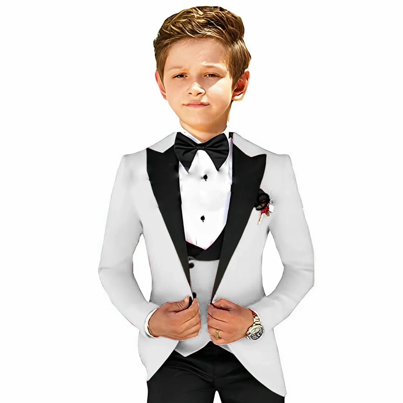 Formale rosa Jungen Anzug Jacke Hosen Weste 3 Stück Hochzeit Smoking für Kinder Peaked Revers Blazer Set Mode Kleidung Kind