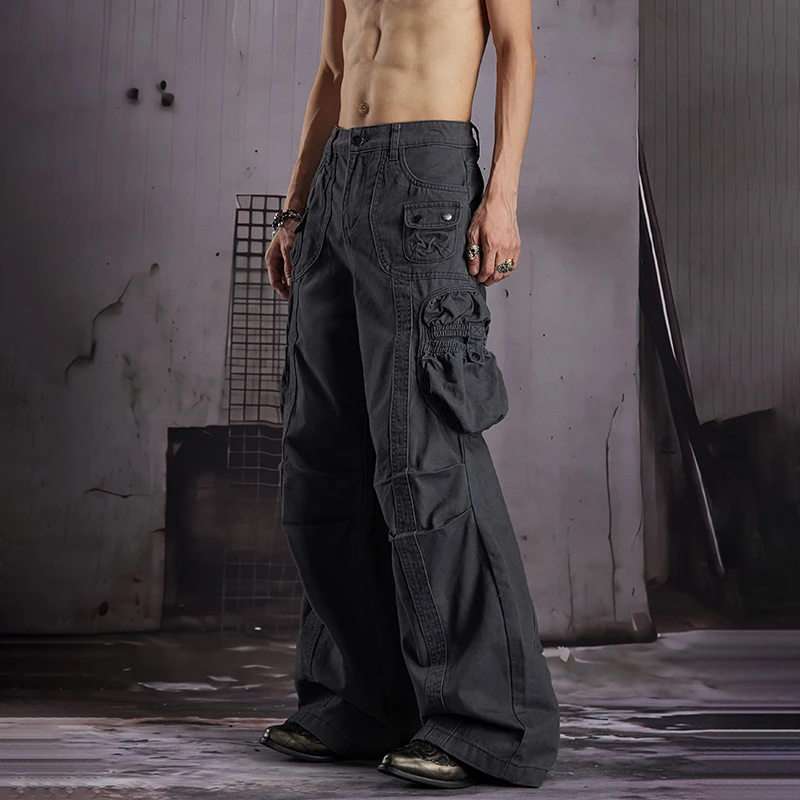 LUZHEN 2026 New Trendy Elastic Multi Pockets Decorate Loose Straight Cargo Trousers Men's Handsome Original Casual Pants JY8737