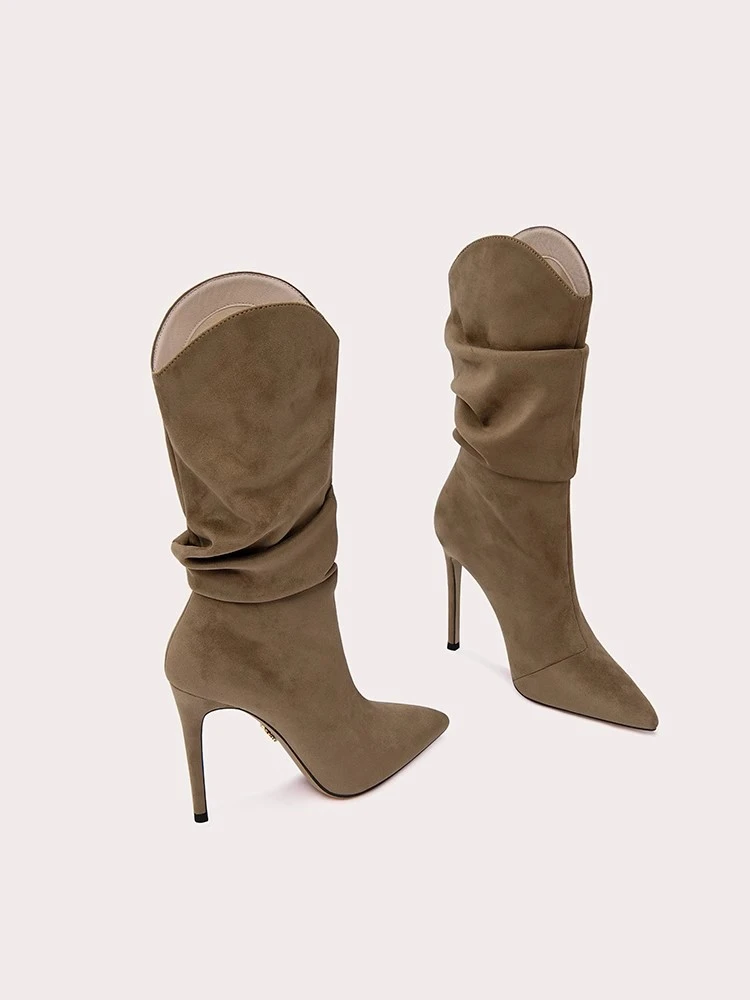Stiletto high heels winter pointed wrinkled suede long and knee boots banquet large size small size plus velvet warm women boots
