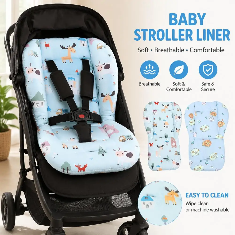 Universal Stroller Liner Winter Warm Padded Cushion Light Blue Cartoon Baby Stroller Seat Pad Thermal Insulated PET Fiber
