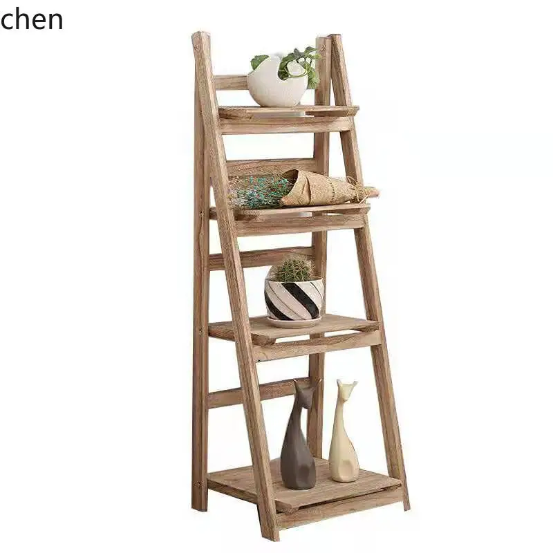 LXC retro floor-to-ceiling multi-layer wooden frame display folding frame, all solid wood living room simple flower stand