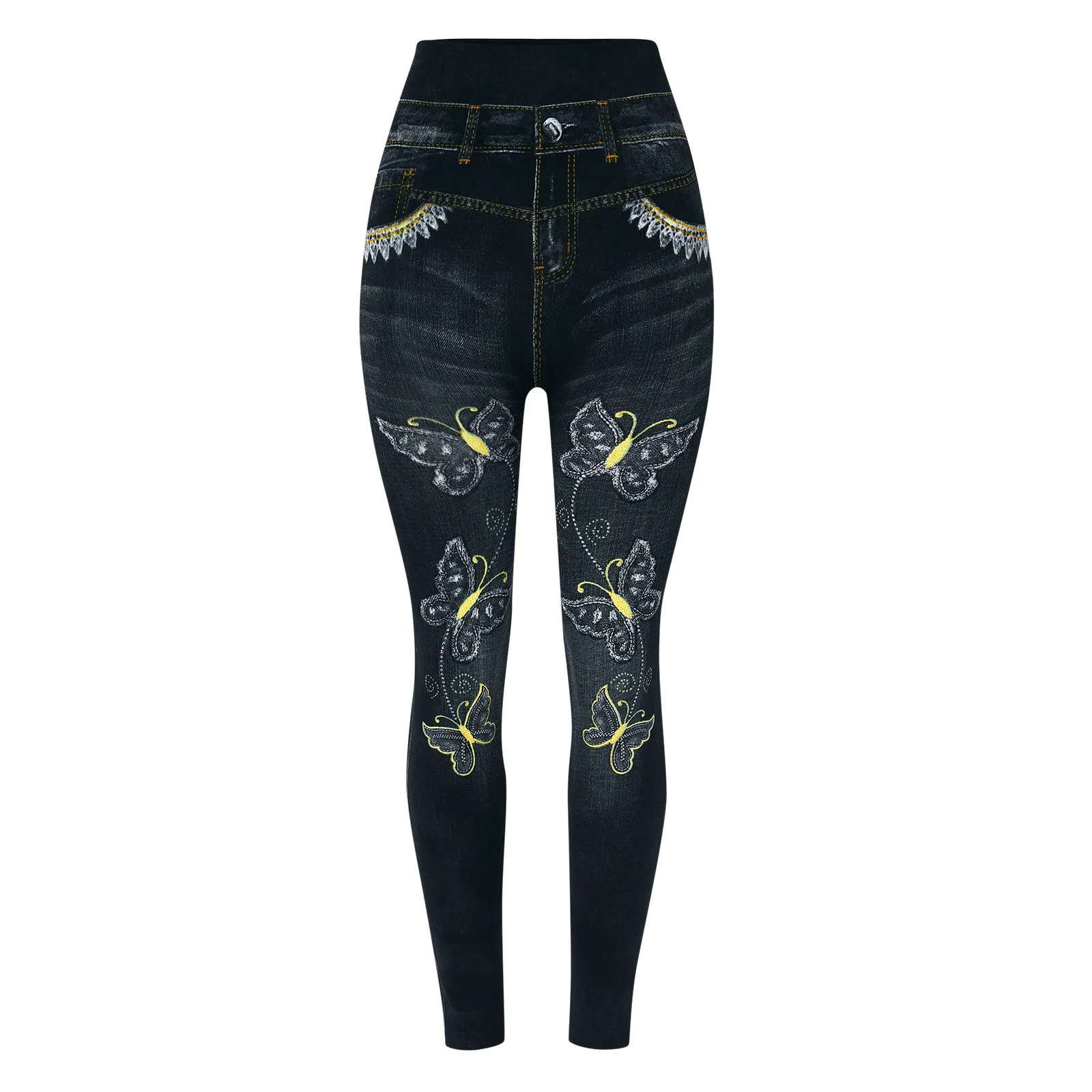 Damskie legginsy z imitacji dżinsu z obcisłą talią Super rozciągliwe legginsy biodrowe z nadrukiem motyla Slim Slim Casual Pants