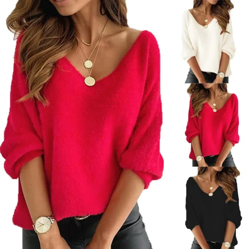 

Women Sweaters V Neck Knit Pullovers Spliced Long Sleeve Solid Loose Jumpers Casual