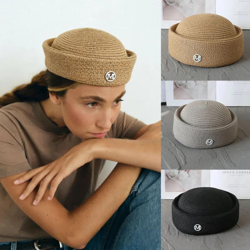 Vintage Spring Summer Straw Weave Pillbox Hat for Women Lightweight Breathable Sun Cap with Letter Detail Casual Beach Hat Party