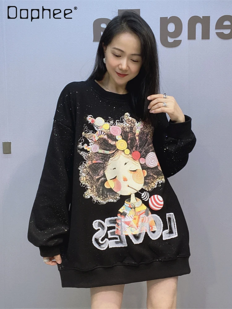 

Crew Neck Pullover Cartoon Printed Sweatshirt Women's Autumn and Winter New European Goods Mid Length Drop Sleeve Oversized Top