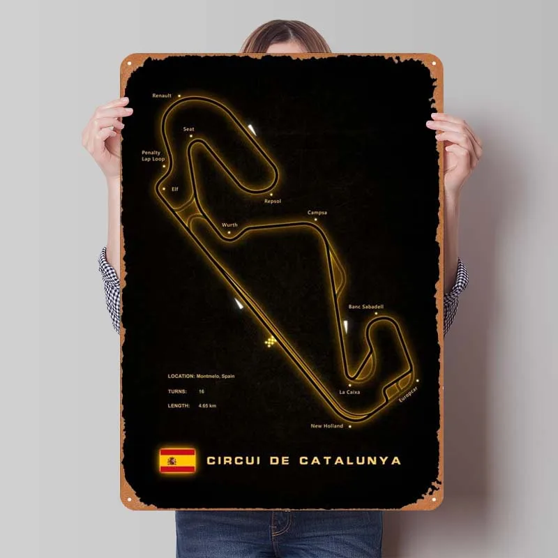 Circuit De Catalunya F1 Racing Circuit Metal Poster Wall Art Mural Custom Metal Tin Signs for Wall Art Decoration Room Ornaments