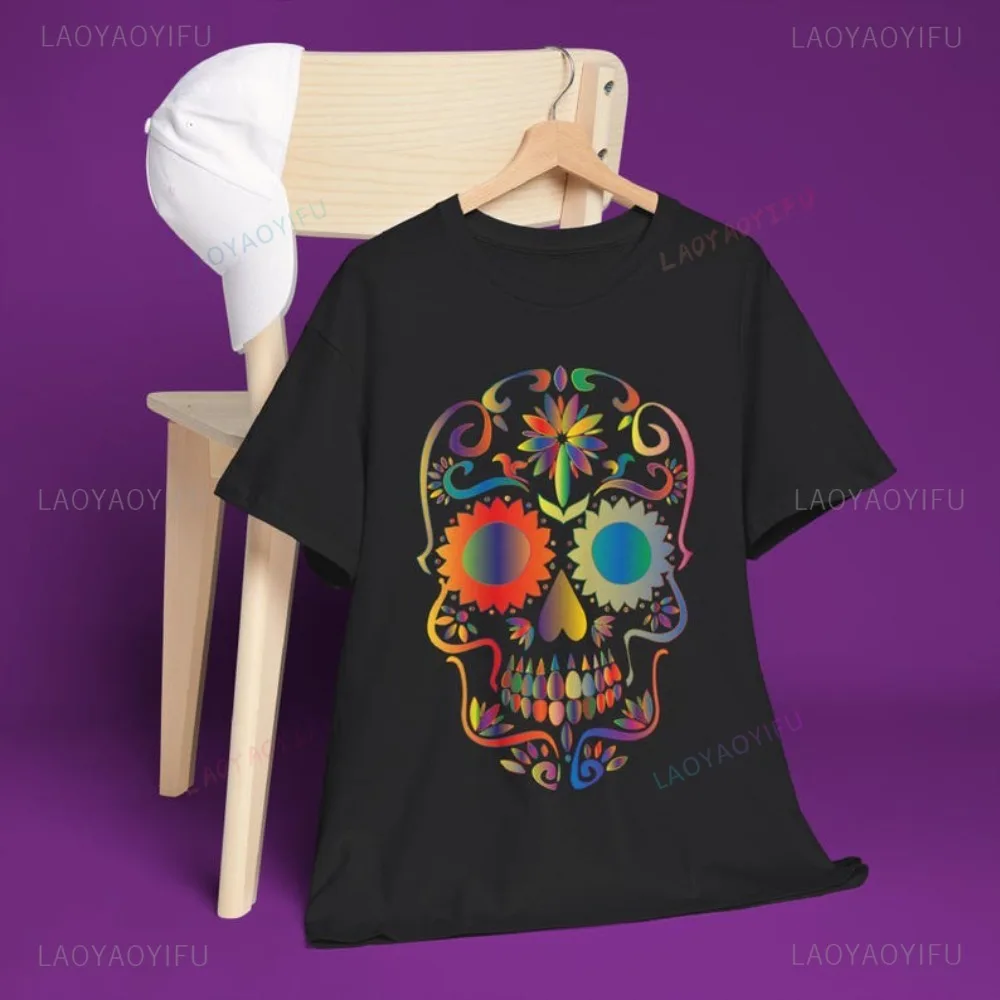 

Полихромная футболка с графическим принтом сахарного черепа, мексиканская традиционная фестивальная футболка «День мертвых», повседневная модная футболка с коротким рукавом