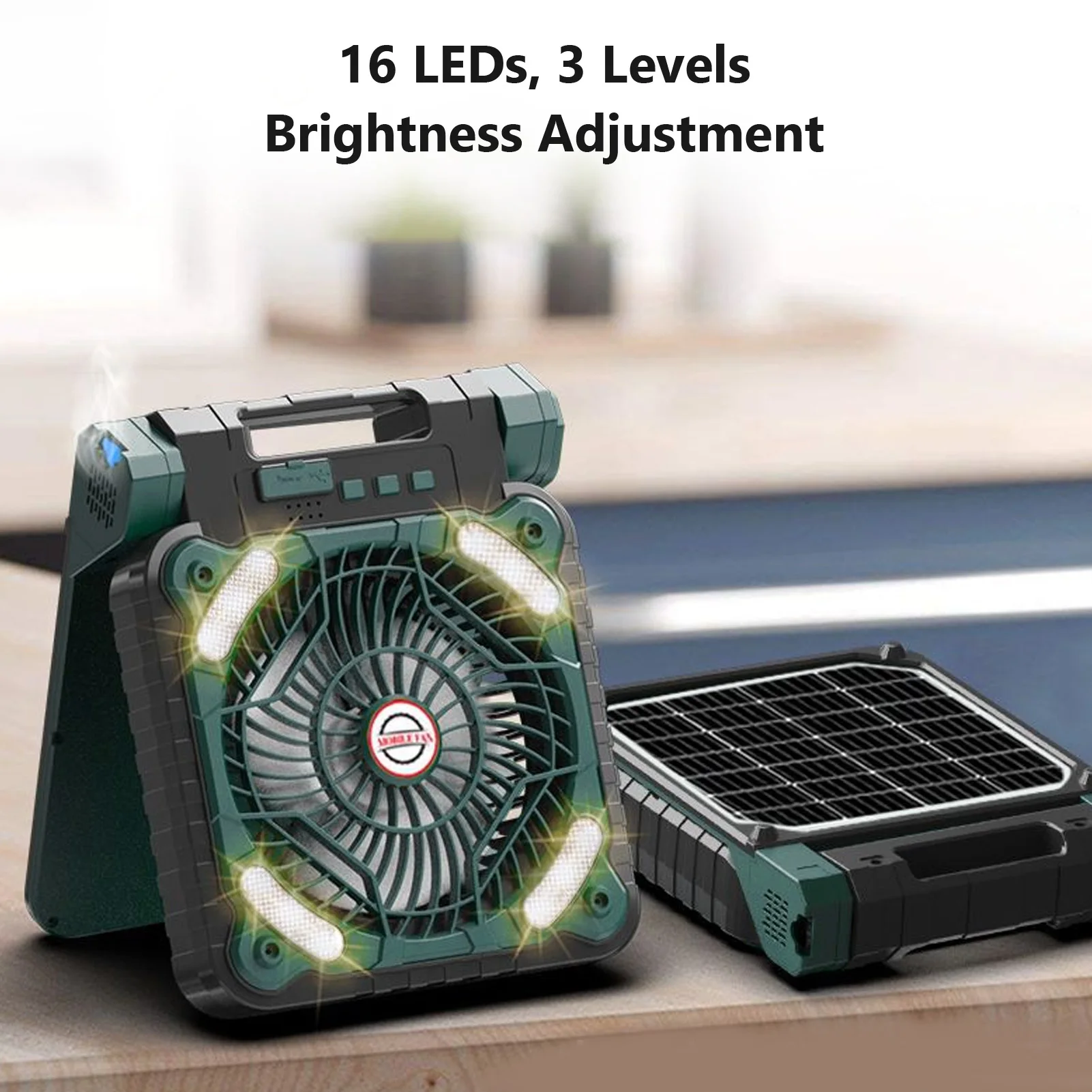 

10000mAh Solar Powered Portable Camping LED Lantern With Fan 4 Speeds Powerful Wind Rechargeable Battery Operated 90° Folding