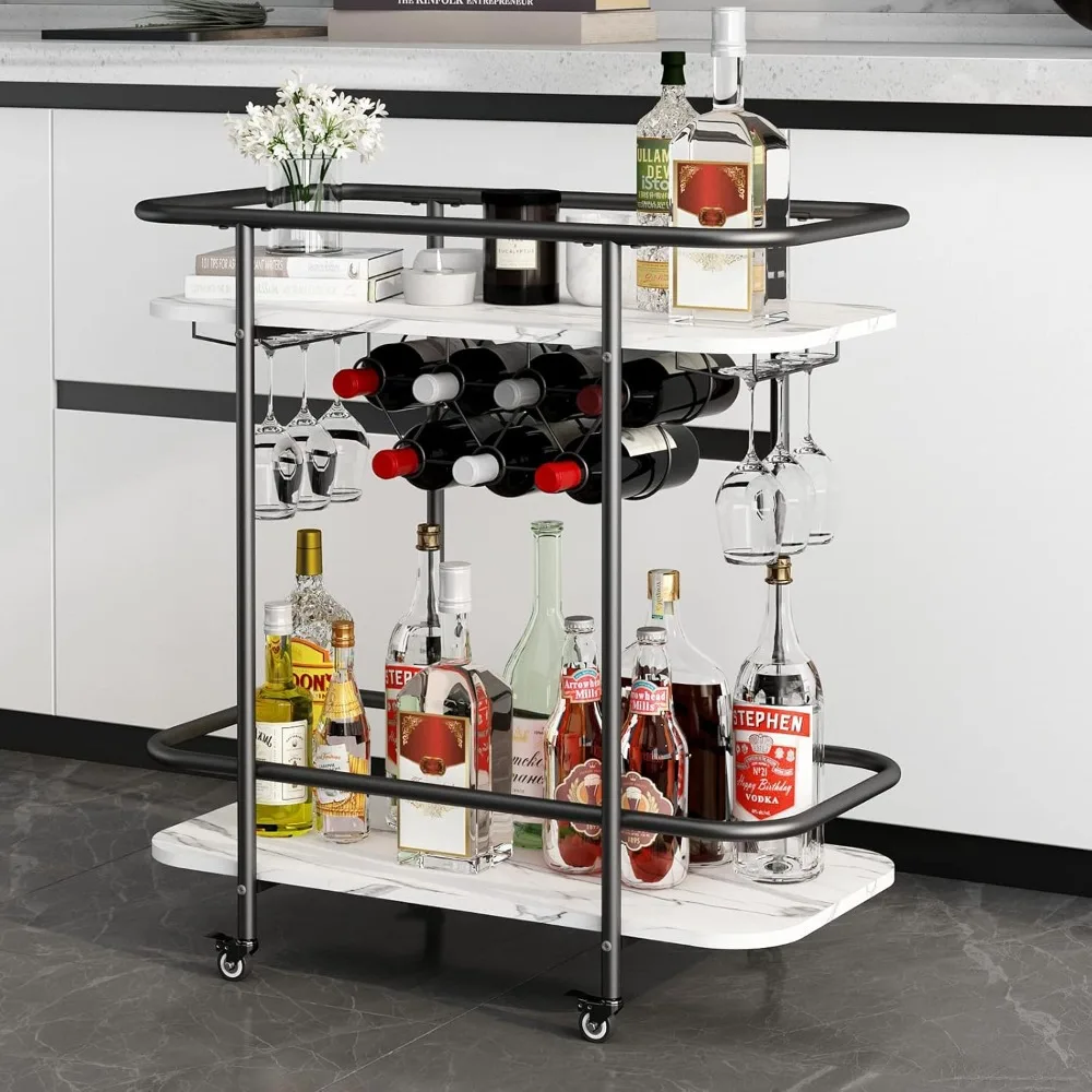 

Bar cart on wheels, mobile service cart with glass rack and wine rack, modern rolling beverage cart for coffee tea wine