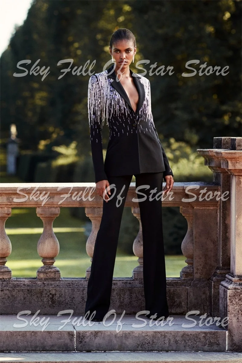 Elegant Waterfall Crystal Fringe Decor Women Suit Set 2Pcs Black Blazer Flare Pants Formal Wedding Prom Cocktail Evening Wear
