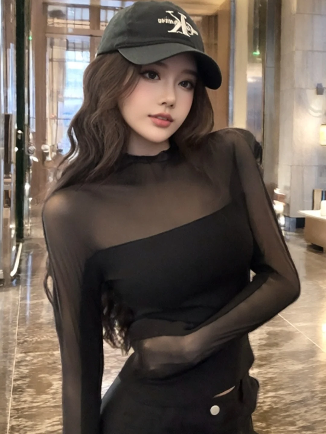 

Korean Style Long Sleeve T-Shirt Women's Slim Fit Mesh Splice High Neck Sexy Chic Autumn New Fashion Top Skin Friendly Breath...