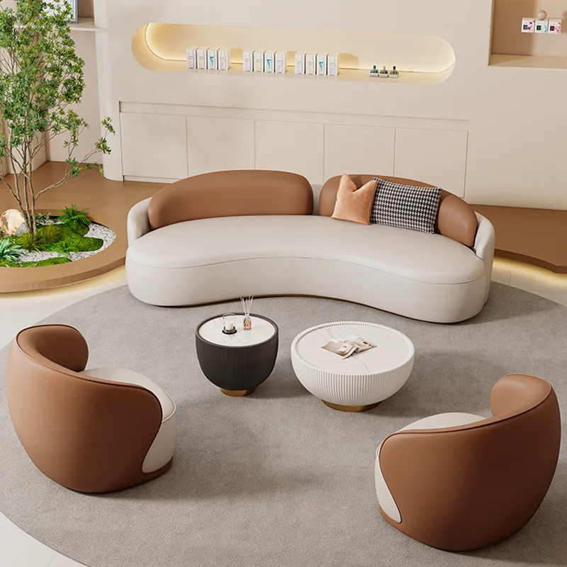 

Italian Light Luxury Reception Curved Sofa Beauty Salon Studio Leather Art Sofa Tea Table Combination Home Living Room Sofa