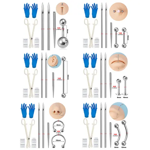 Kit per piercing al corpo Acciaio chirurgico Filettato Perno conico Aghi Labbro Naso Lingua Cartilagine Sopracciglio Piercing all'ombelico Strumento per gioielli Pinze