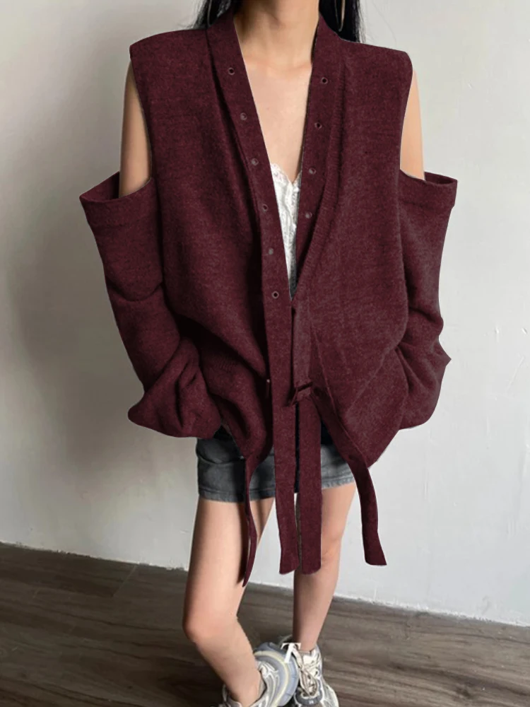 DEAT Fashion Women\'s Knitted Cardigan Shoulder Hollow Out Pockets Elastic Ribbon Decorate Loose Coat Autumn 2024 New 7AB1714