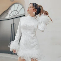 Exquisite Sequin Wedding Dresses Feather Long Sleeve Short Wedding Bride Dress O-Neck Long Dress For Wome 2024 Vestidos De Novia