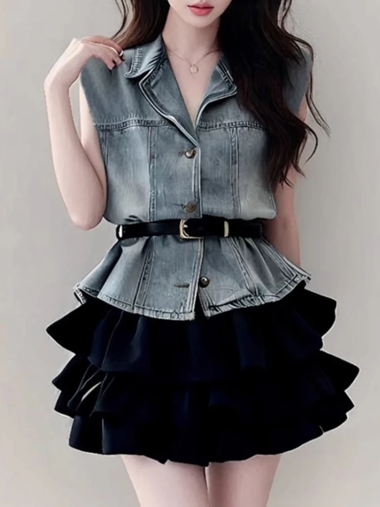 Ensemble 2 pièces en jean sans manches pour femmes, mode coréenne Chic, chemises + Mini jupe gâteau mignonne noire, tenue élégante et décontractée, été