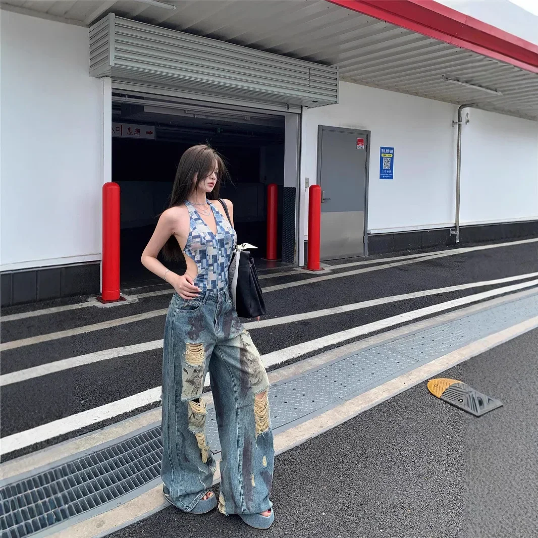 Tie Dye Destroyed Jeans Women's Vintage High Waist Wide Leg Flare Drag Length Distressed Denim Pants Streetwear